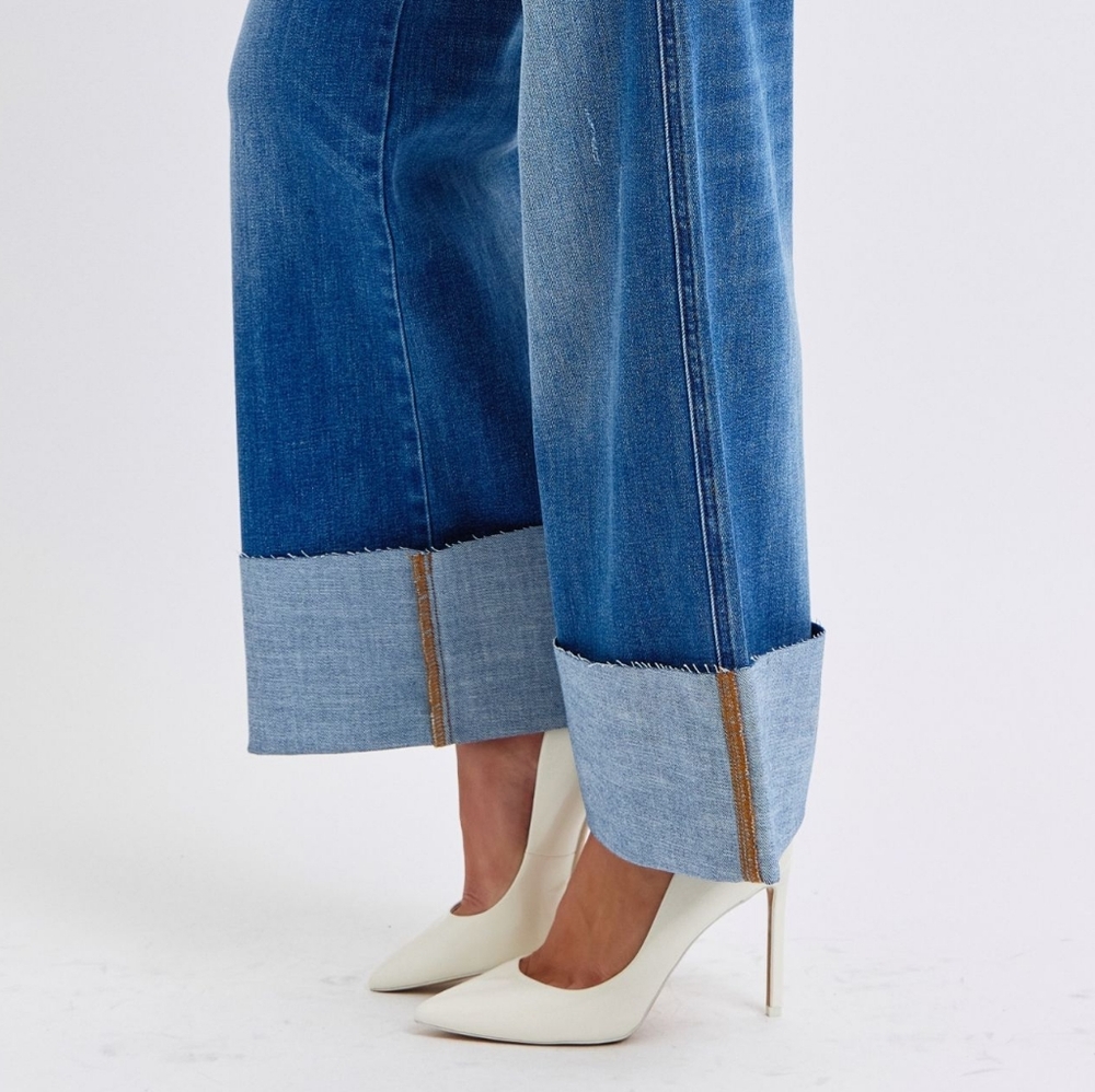 Judy Blue High-Rise Torn Boyfriend Jeans Ultra Wide Leg Cuff Raw Hem Denim Pants - Picture 9 of 16